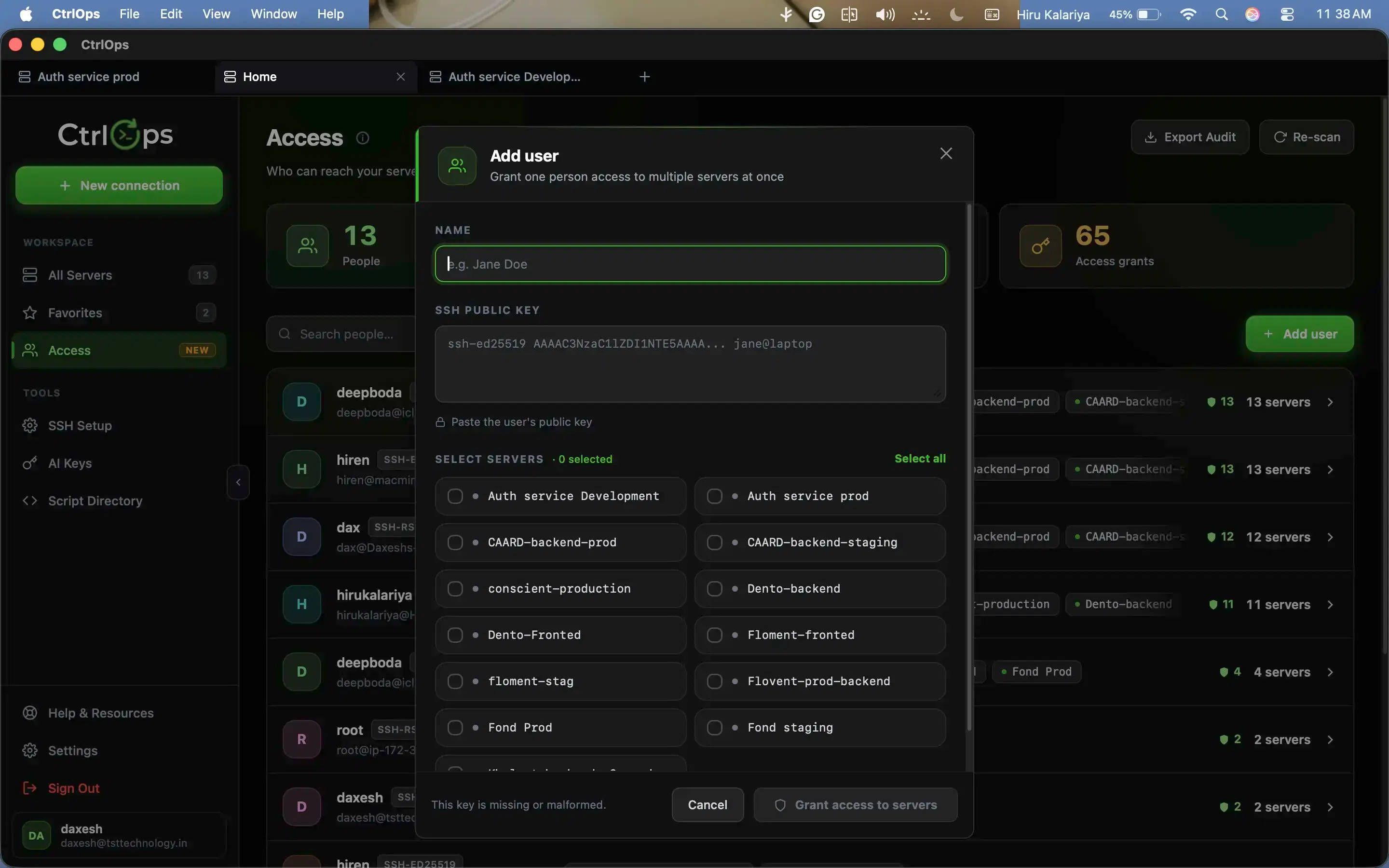 The CtrlOps Add user dialog: a name and SSH public key field above a checklist of servers to grant access to at once