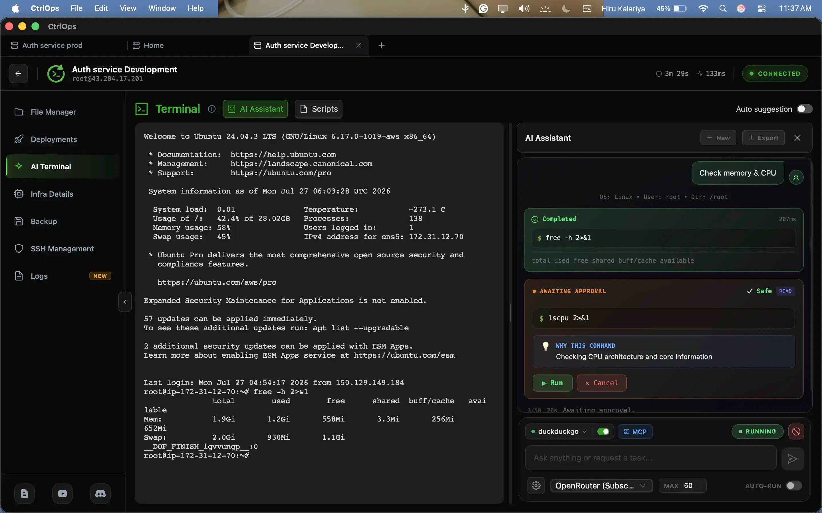 The CtrlOps AI Terminal: a plain English request on the right with the generated command awaiting approval, its output on the left