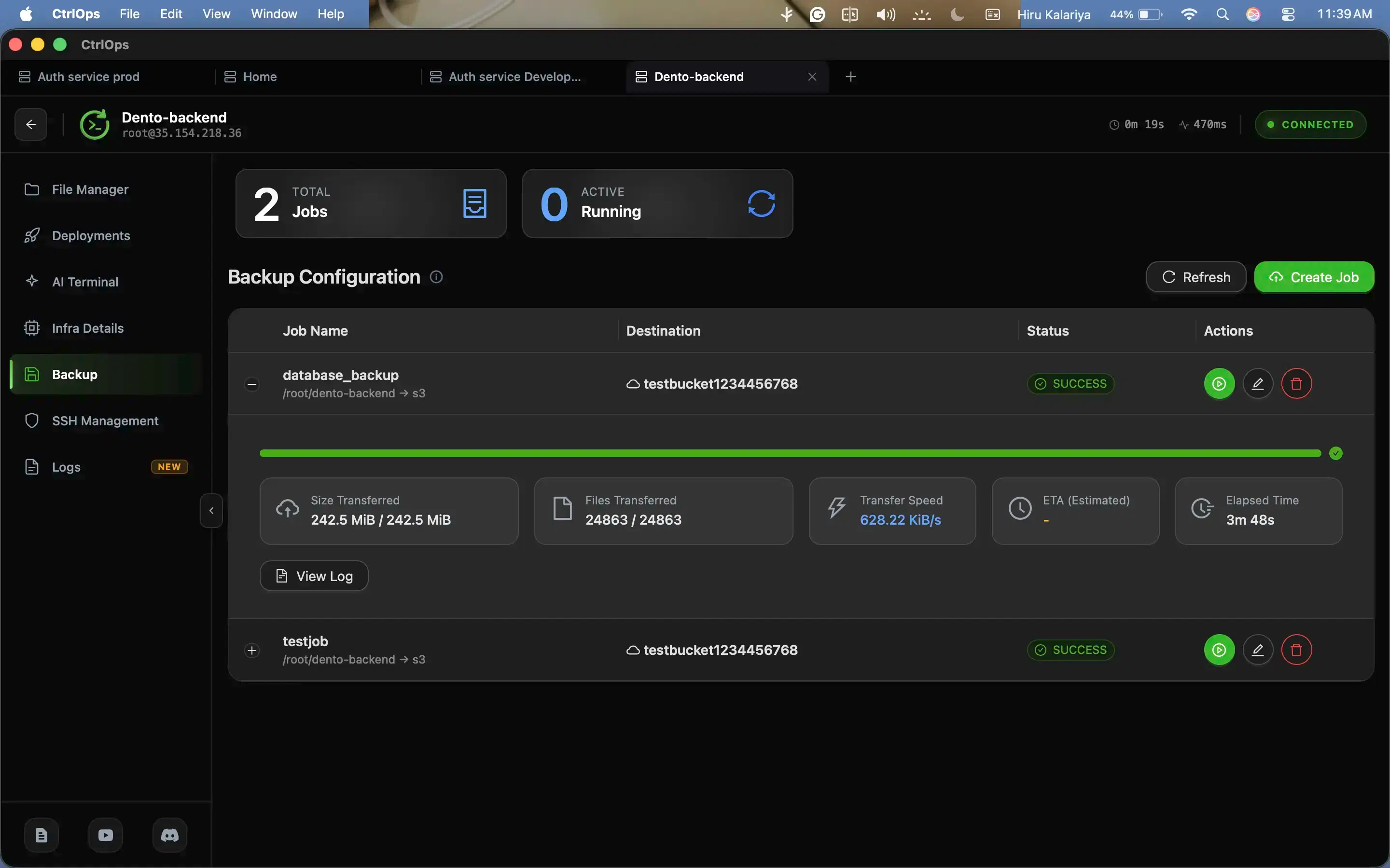 The CtrlOps Backup screen: two S3 backup jobs marked success, one expanded to show size transferred, files transferred, speed and elapsed time