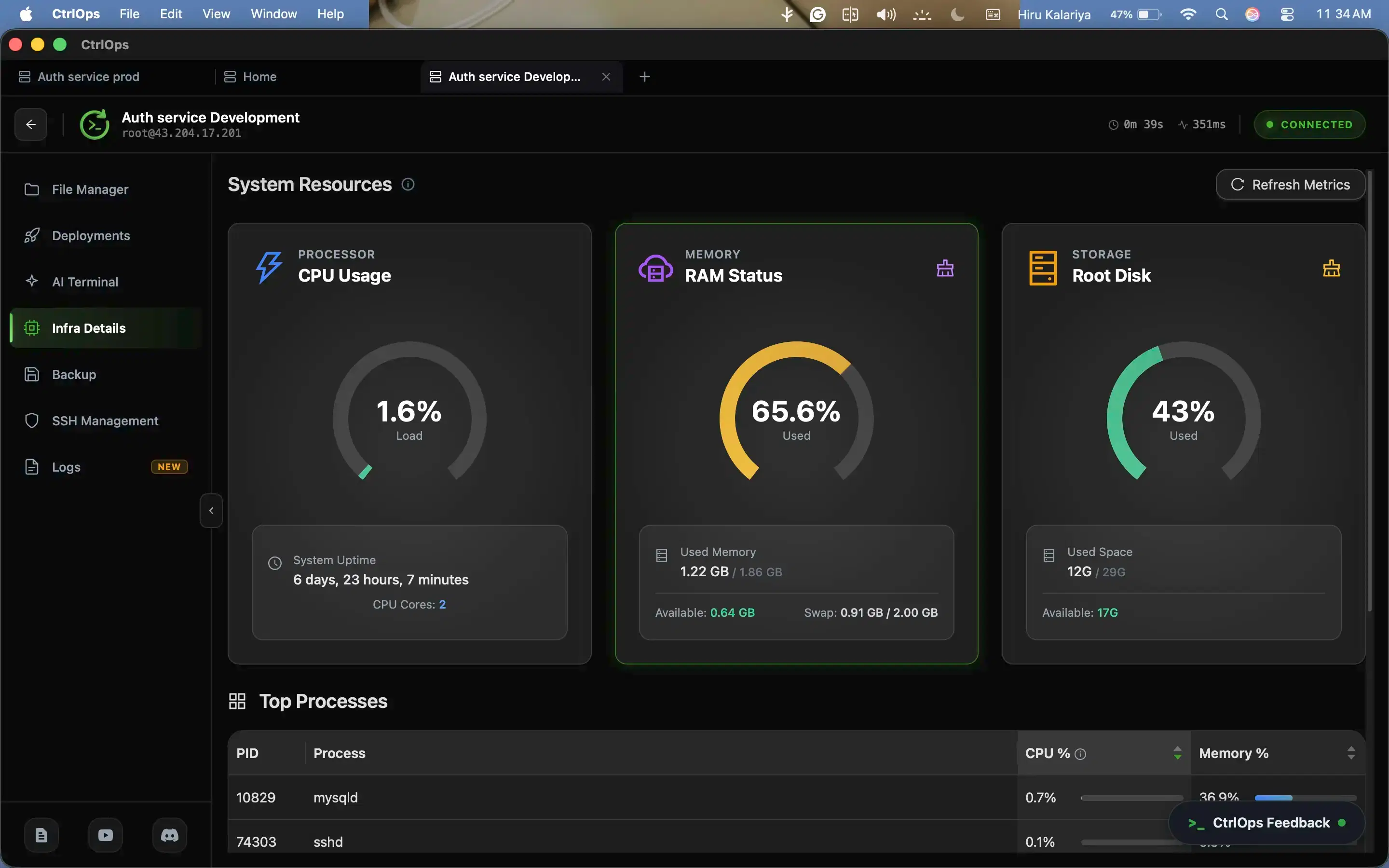 CtrlOps Infra Details: CPU, RAM and root disk gauges above a top-processes table sorted by CPU and memory