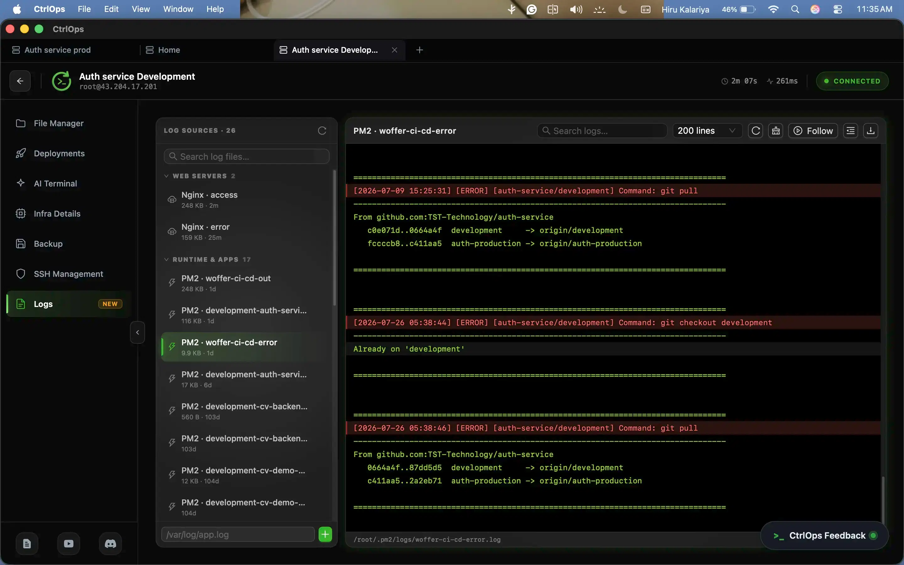 The CtrlOps Logs screen: 26 discovered log sources grouped by web server and runtime, with one PM2 error log open and following live