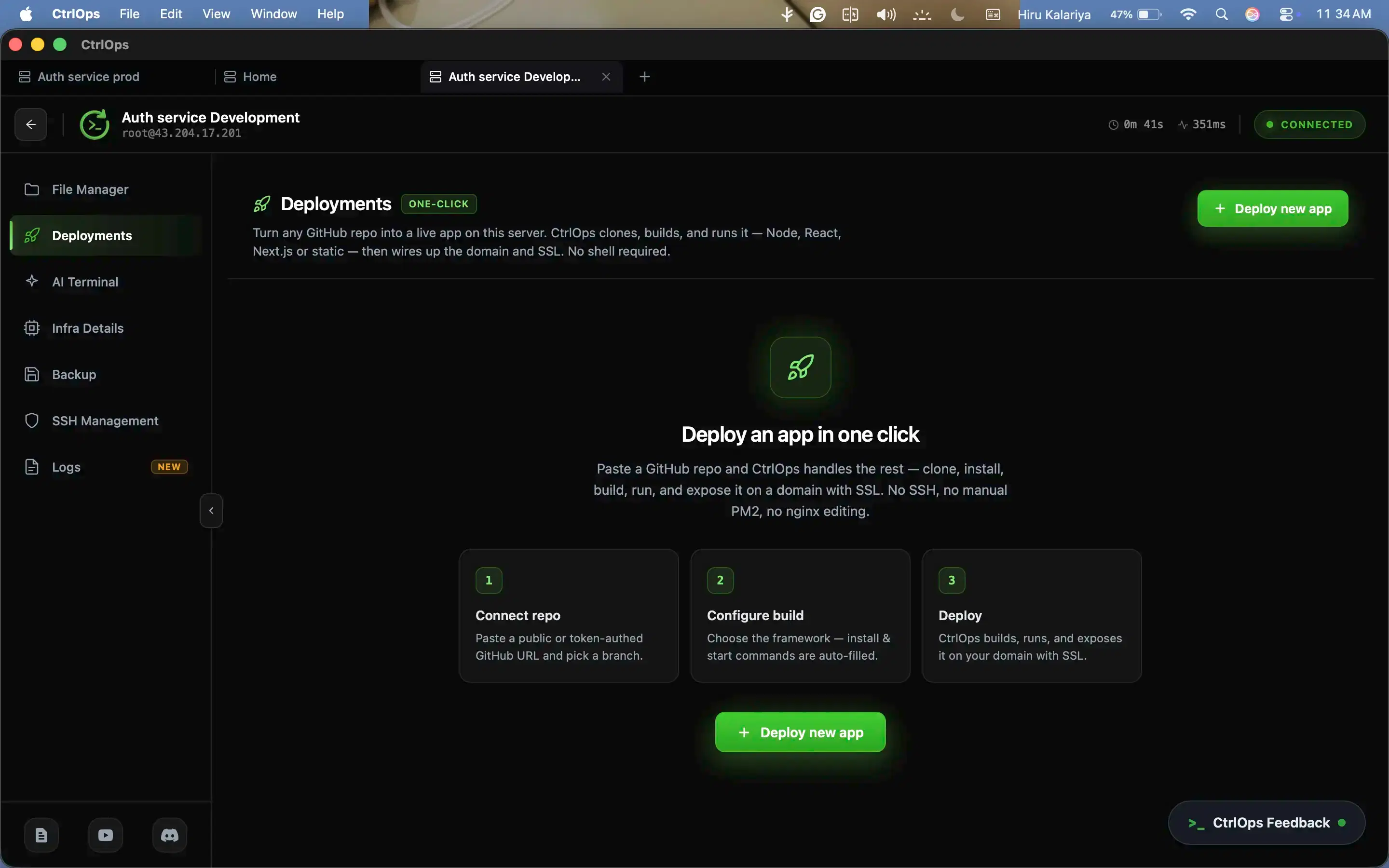 The CtrlOps Deployments screen: connect repo, configure build and deploy as three numbered steps above a Deploy new app button