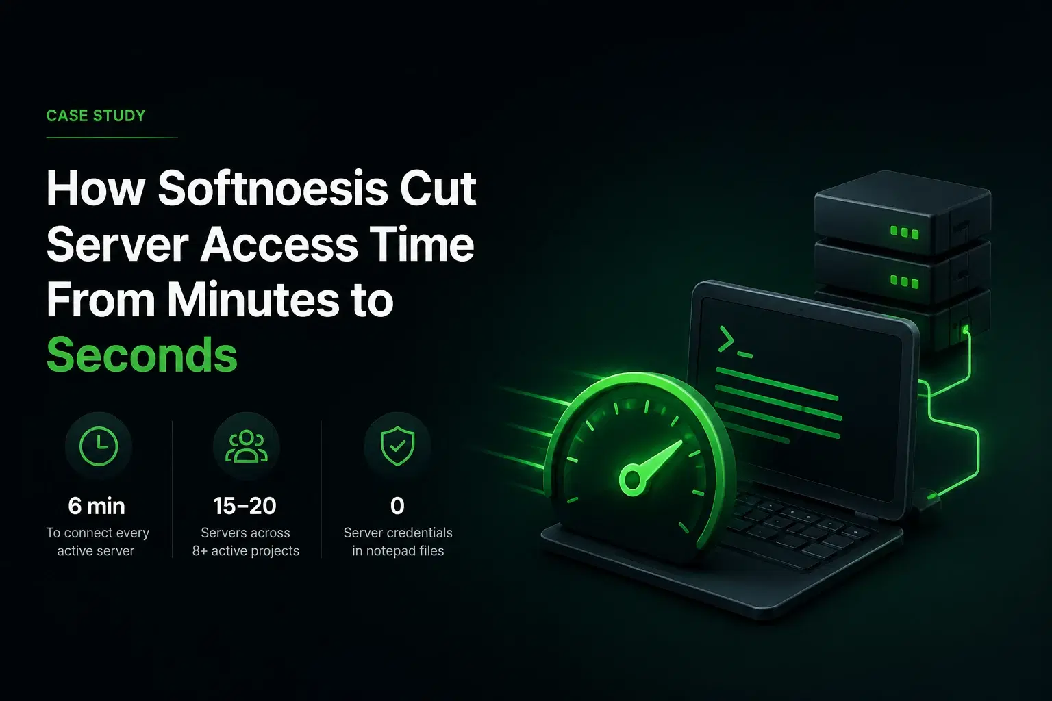 Softnoesis case study card: every active server connected in one CtrlOps setup, with logs and infra monitoring on one screen
