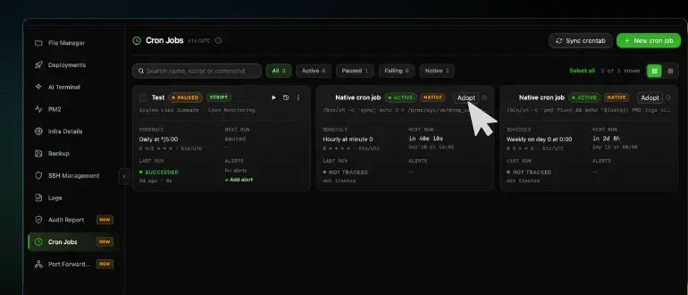 The CtrlOps Cron Jobs list with two jobs badged NATIVE and reading NOT TRACKED under LAST RUN, and the cursor on the Adopt button of the first one