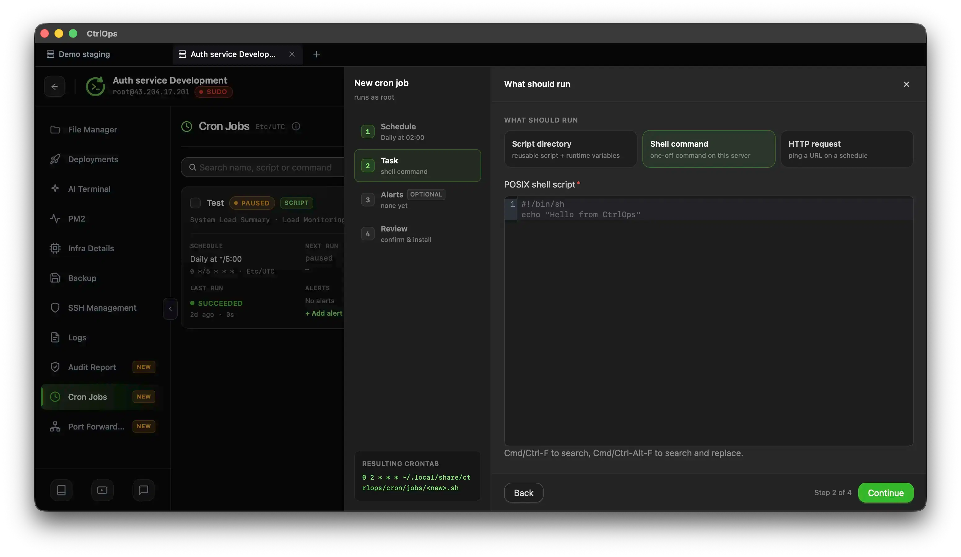 The Task step of the CtrlOps new cron job panel with Script directory, Shell command and HTTP request offered side by side and a saved script chosen from the directory