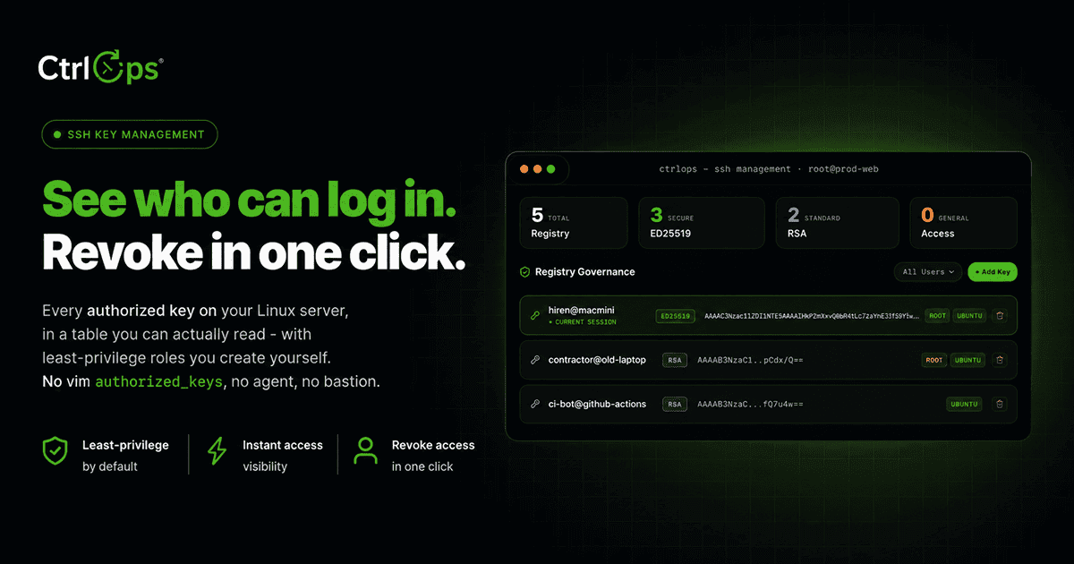 A CtrlOps per-server panel listing saved SSH entries, each row carrying its own connection details and one-click actions